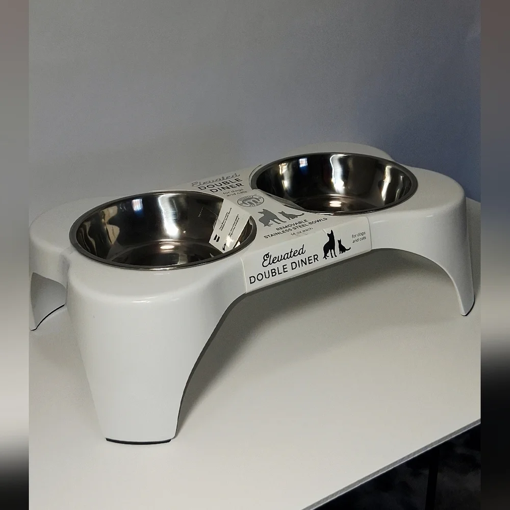 Elevated Double Diner Pet Bowl - White with Stainless Steel Bowls